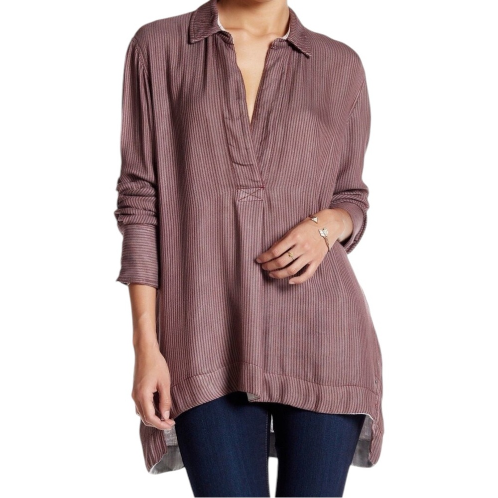Free People On The High Road Tunic Collar Long Sleeve Cranberry Stripe medium